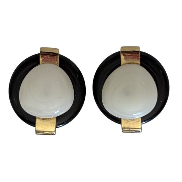 KENNETH J.L. Earrings, Gold tone, Black Enamel and White Faux Pearl, Clip on - Picture 9 of 10
